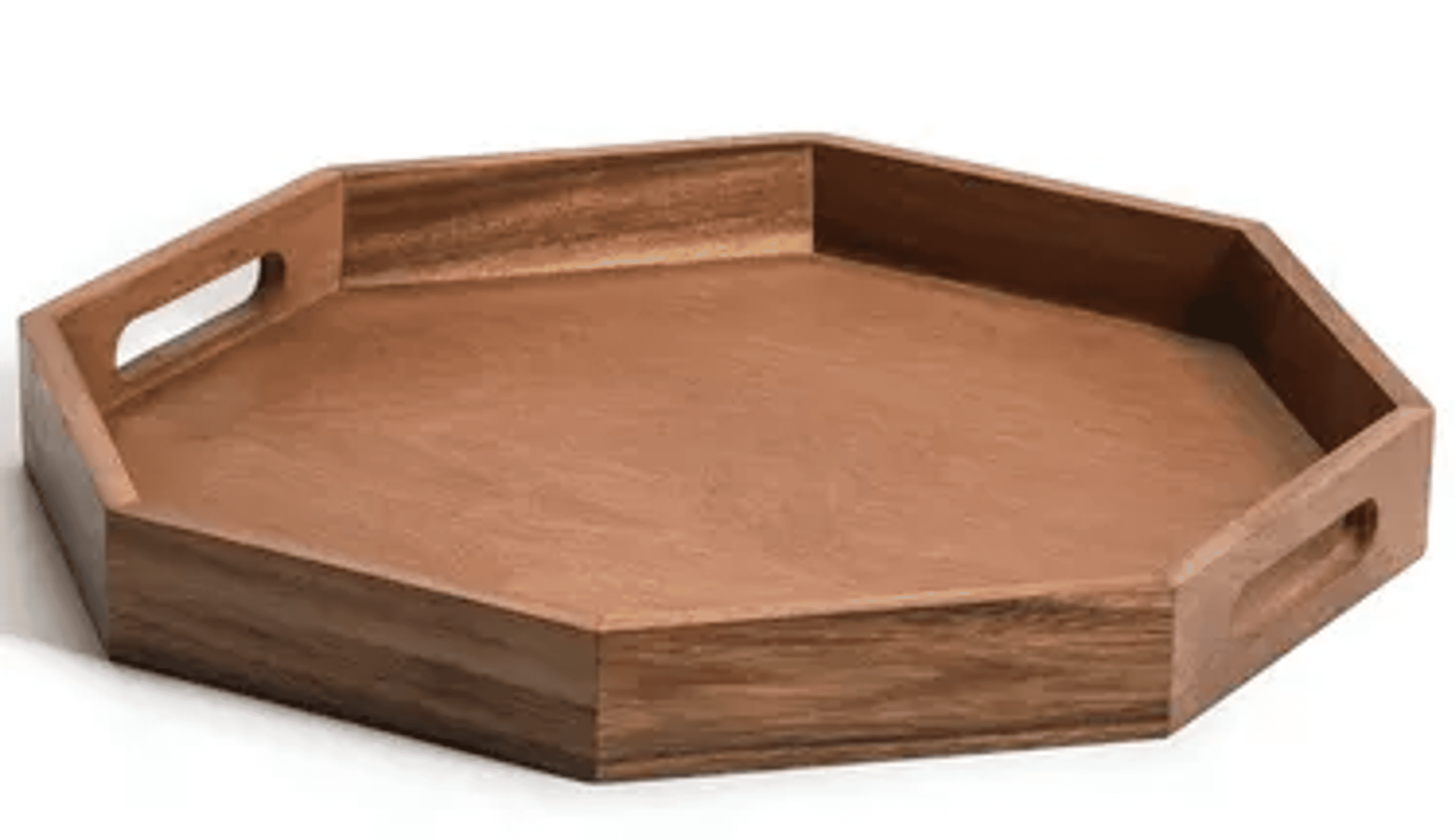 Octagonal wooden serving tray with two cutout handles, natural warm wood finish.