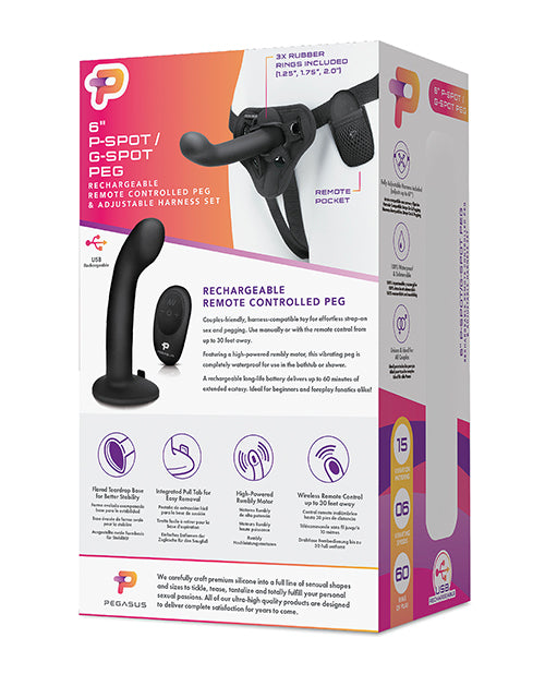 Pegasus 6" Rechargeable P-spot G-spot Peg W/adjustable Harness & Remote Set - Black - GreatEagleInc