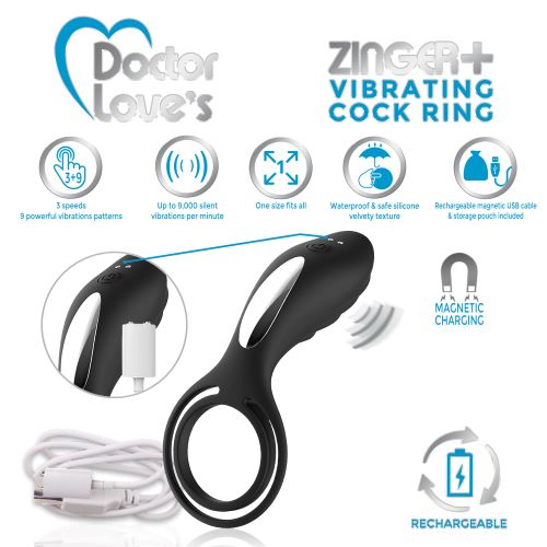 Doctor Love Zinger+ Vibrating Rechargeable Cock Ring Black - GreatEagleInc
