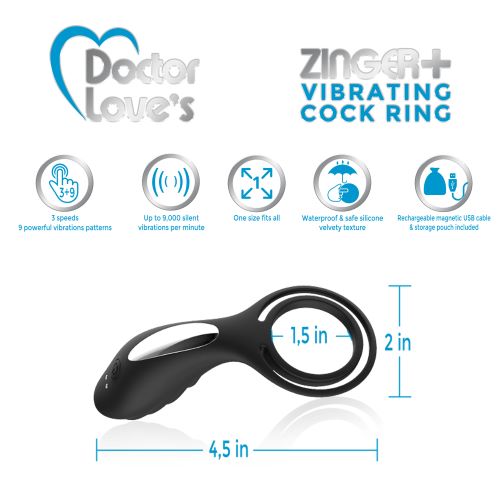 Doctor Love Zinger+ Vibrating Rechargeable Cock Ring Black - GreatEagleInc