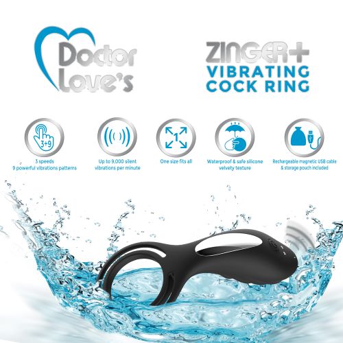 Doctor Love Zinger+ Vibrating Rechargeable Cock Ring Black - GreatEagleInc