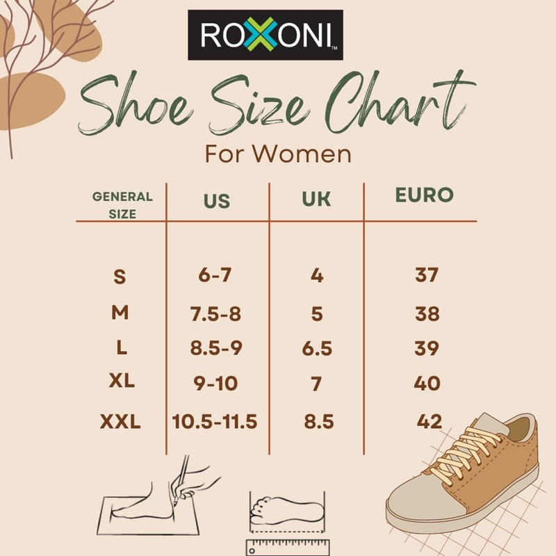 ROXONI women shoe size chart showing general, US, UK, and EURO sizes