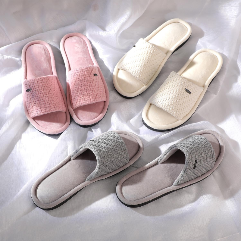 Women's assorted woven slide sandals with open toes: pink, cream, and gray pairs