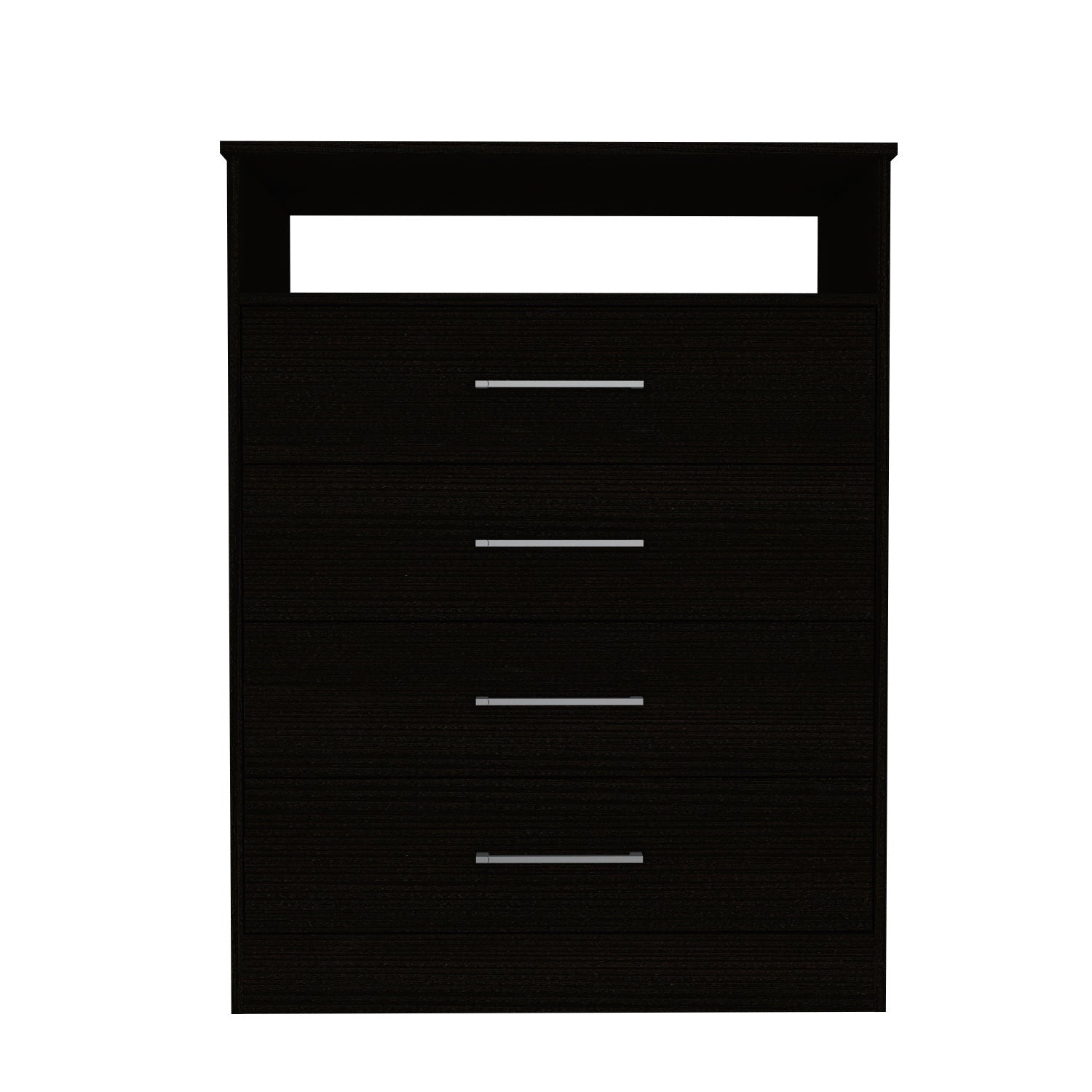 Black four-drawer dresser front view with open top shelf and silver bar handles