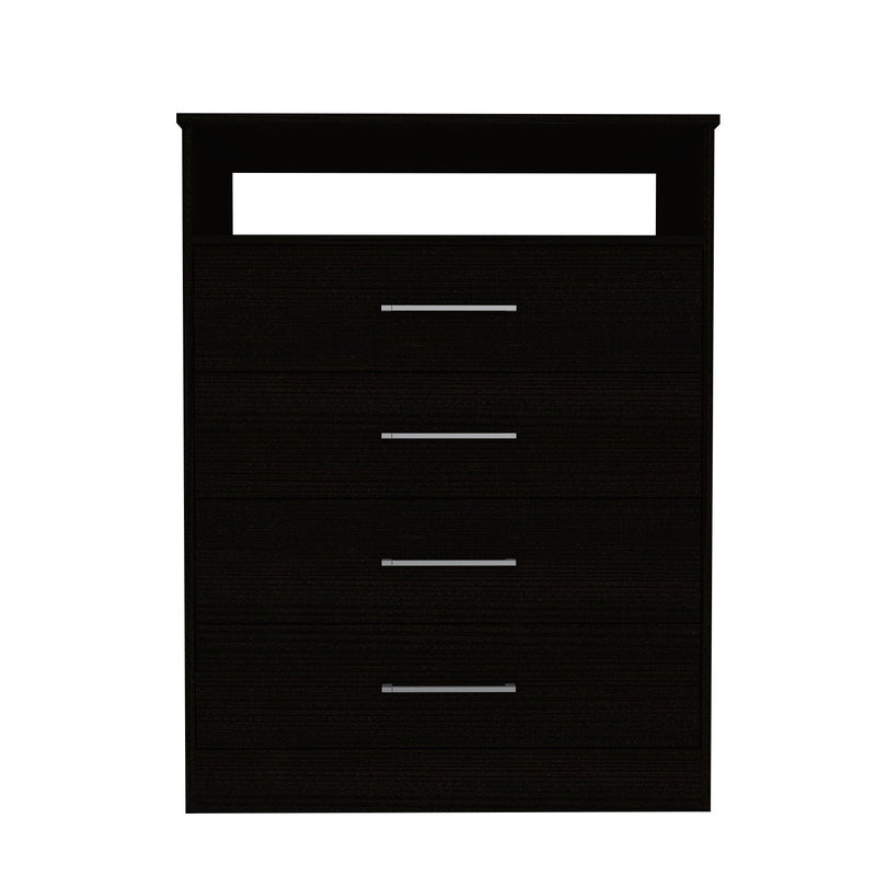 Black four-drawer dresser front view with open top shelf and silver bar handles
