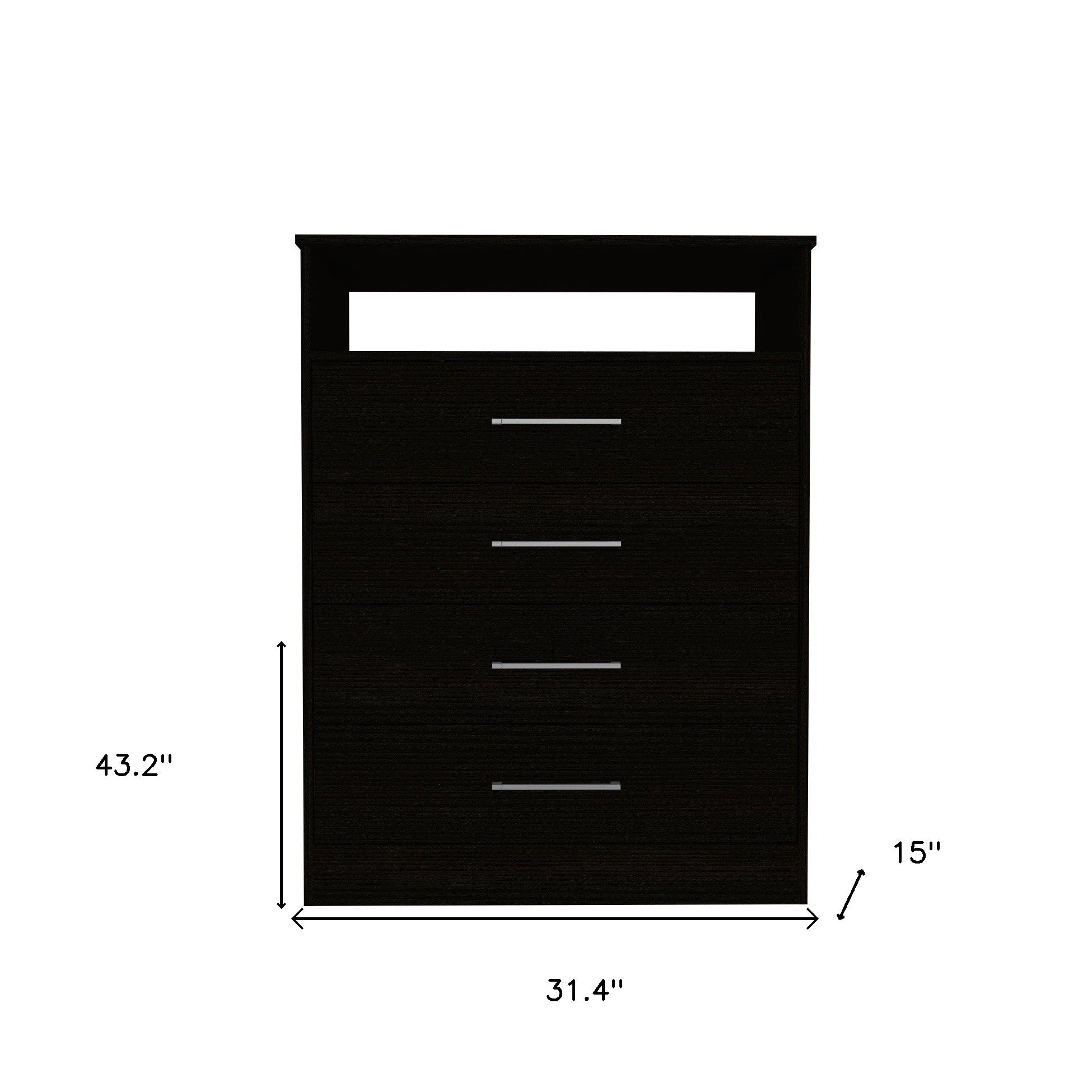 Black four-drawer dresser front view with silver bar handles and left-side height markings
