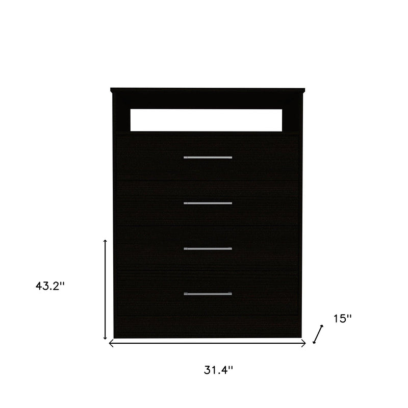 Black four-drawer dresser front view with silver bar handles and left-side height markings