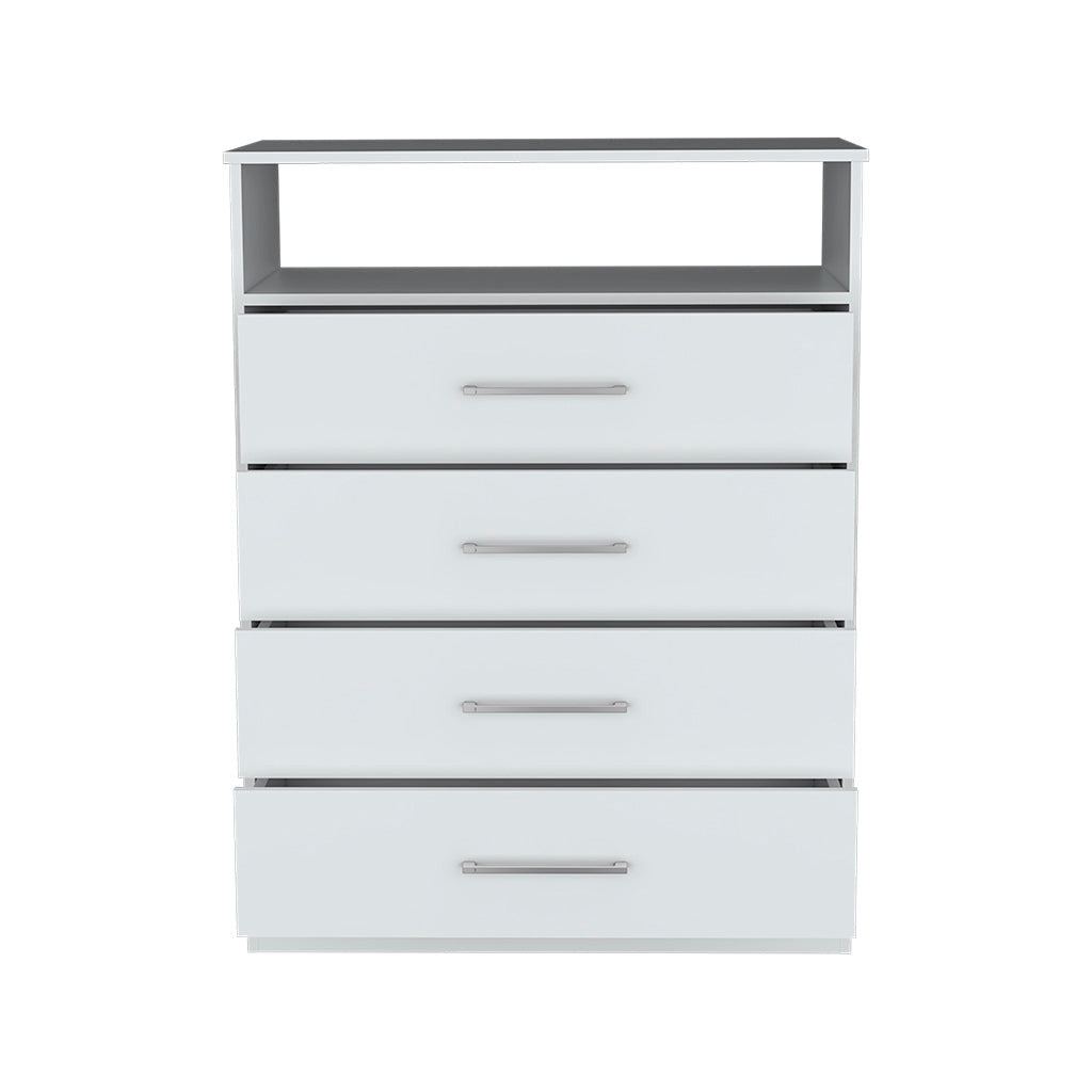 White dresser with open shelf and four drawers, silver bar handles.