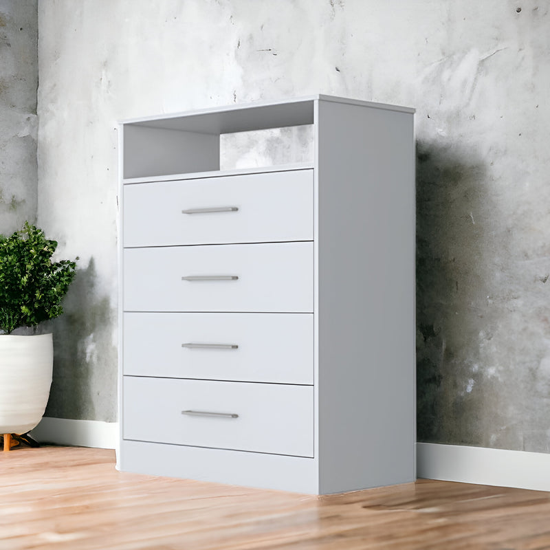 White dresser with open shelf and four drawers, front view with side panel.