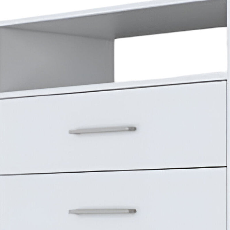 White drawer fronts with four horizontal panels and silver bar pulls.