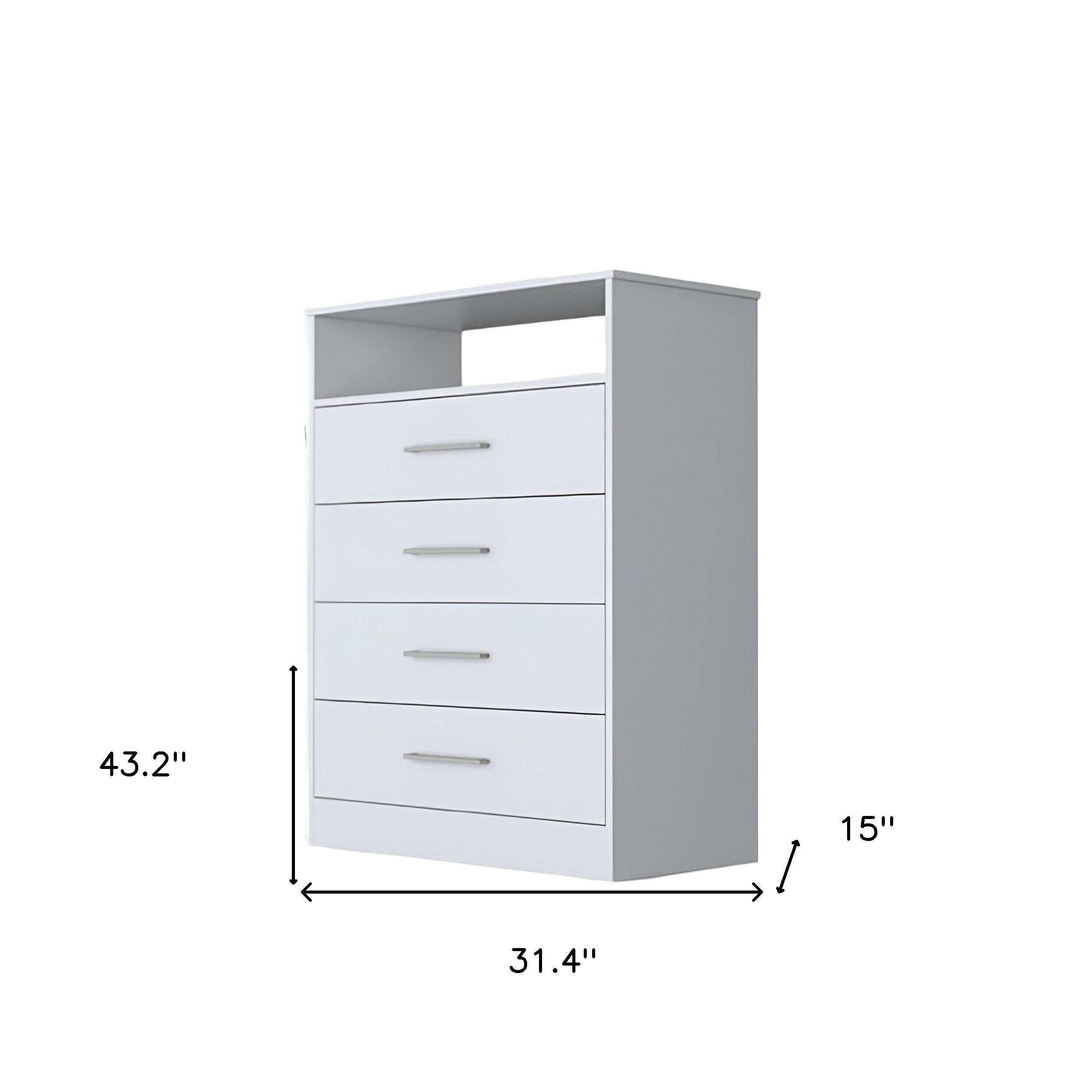 White four-drawer dresser with open shelf, 31.4"W x 15"D x 43.2"H.