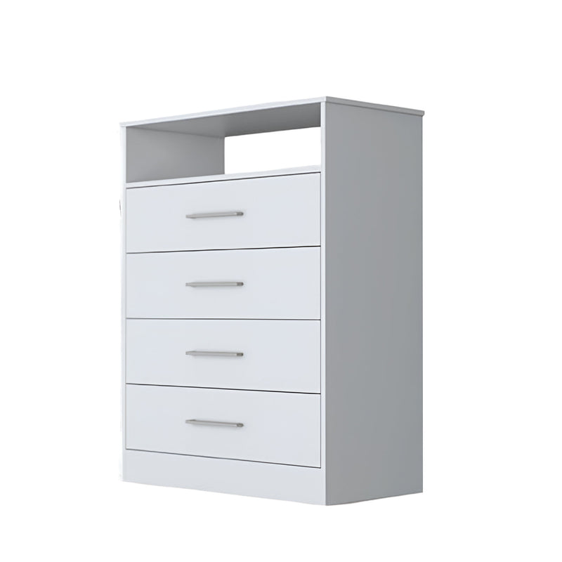 White dresser with open top shelf and four drawers, side panel frame.