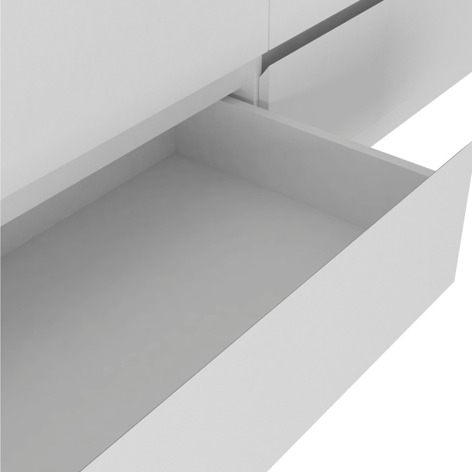 White six-drawer double dresser with an open drawer and smooth interior