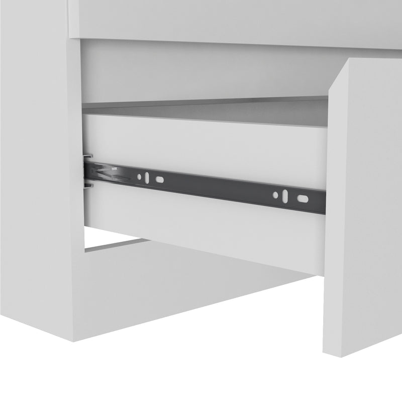 White six-drawer double dresser open drawer with metal slide rails underneath