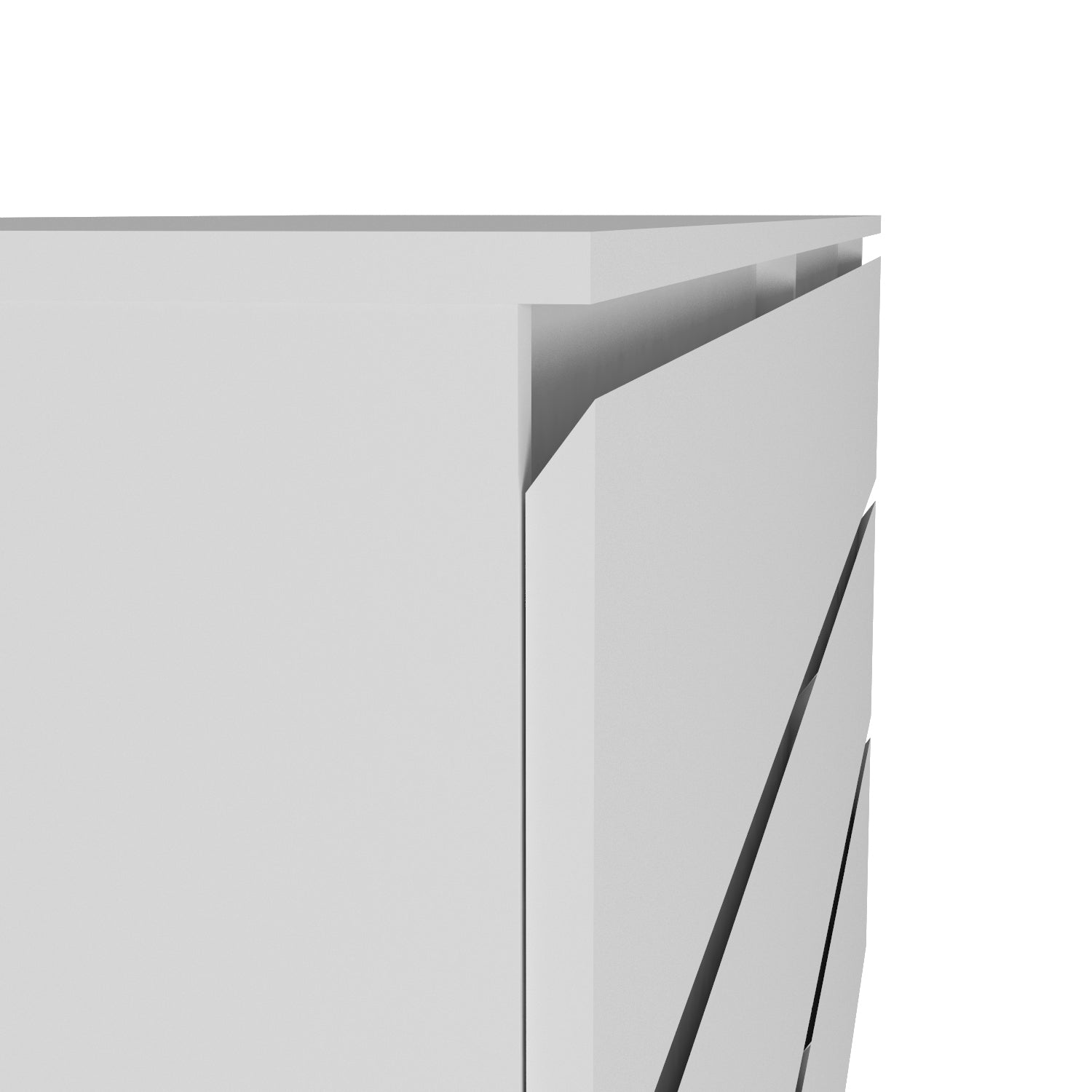 White six-drawer double dresser side with drawer fronts and long pull handles