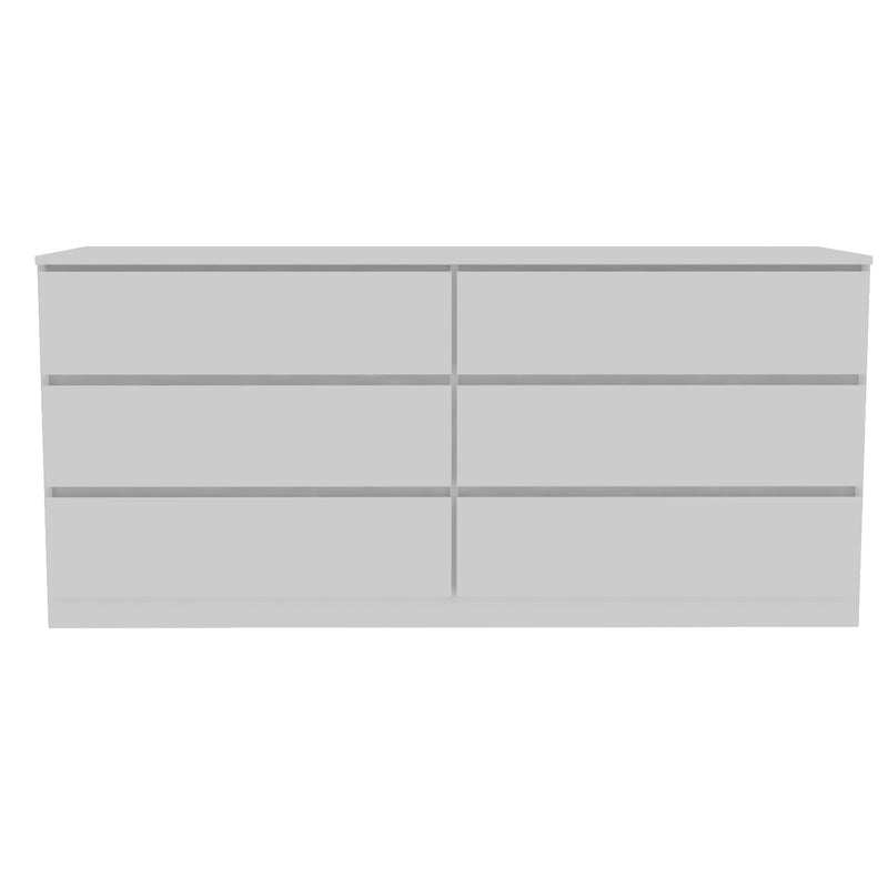 White six-drawer double dresser front view with six even drawer panels