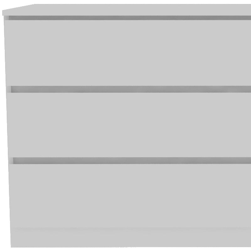 White six-drawer double dresser close-up of drawer fronts and top panel