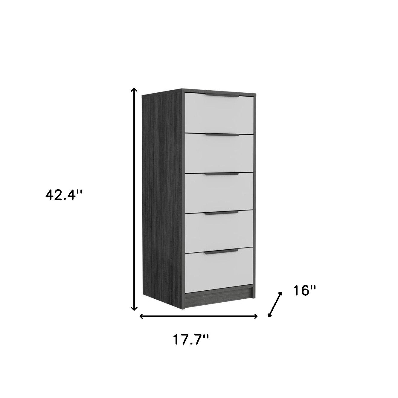 Five-drawer chest, 42.4 in tall and 16 in deep, dark gray and white
