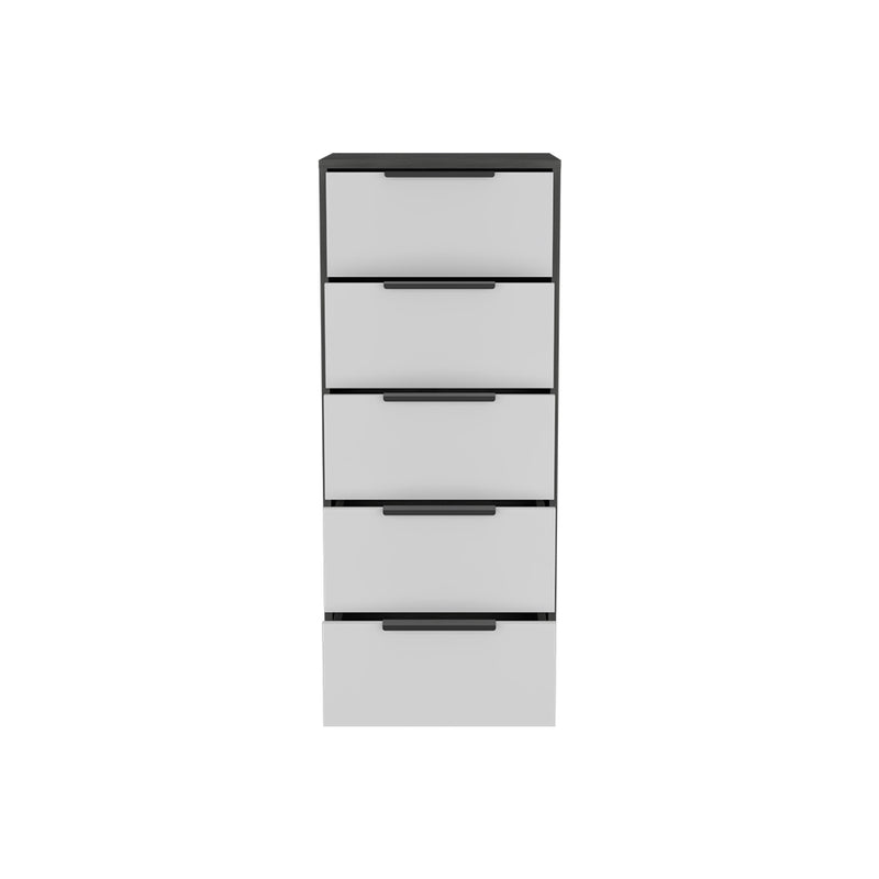 Five-drawer chest with five white drawers and black bar-style handles