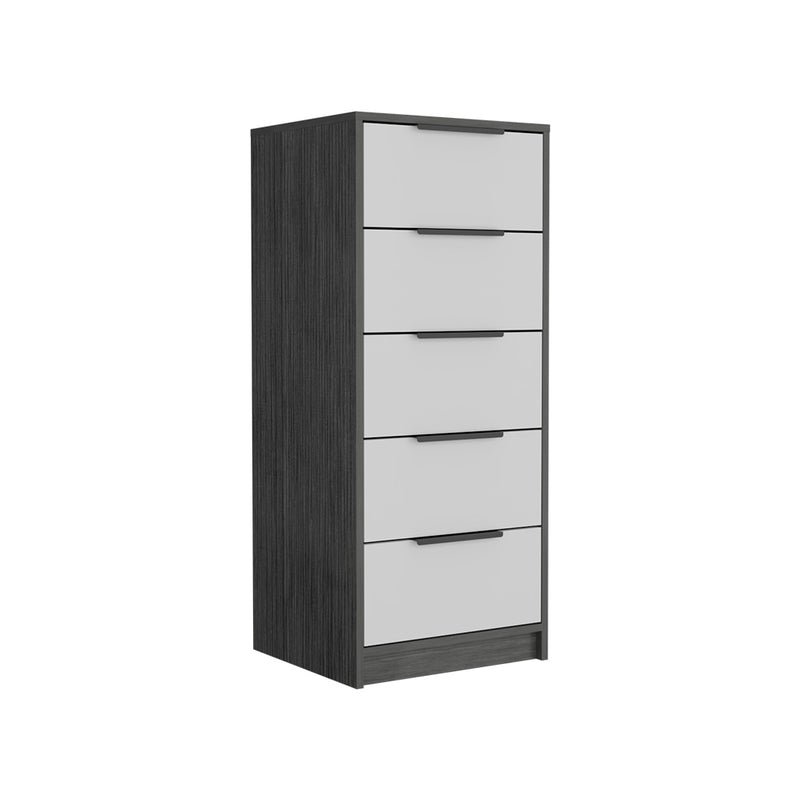 Five-drawer chest in dark gray wood with white drawers and black handles