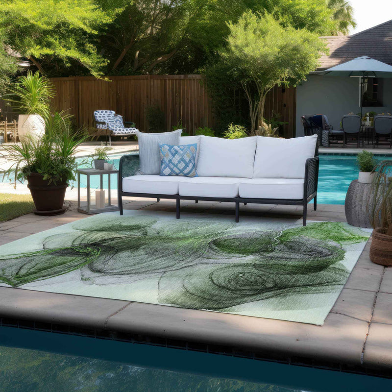 10' X 14' Olive Green Abstract Washable Non Skid Indoor Outdoor Area Rug