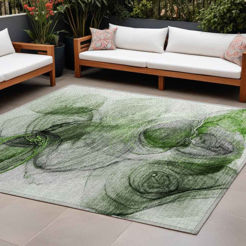 10' X 14' Olive Green Abstract Washable Non Skid Indoor Outdoor Area Rug