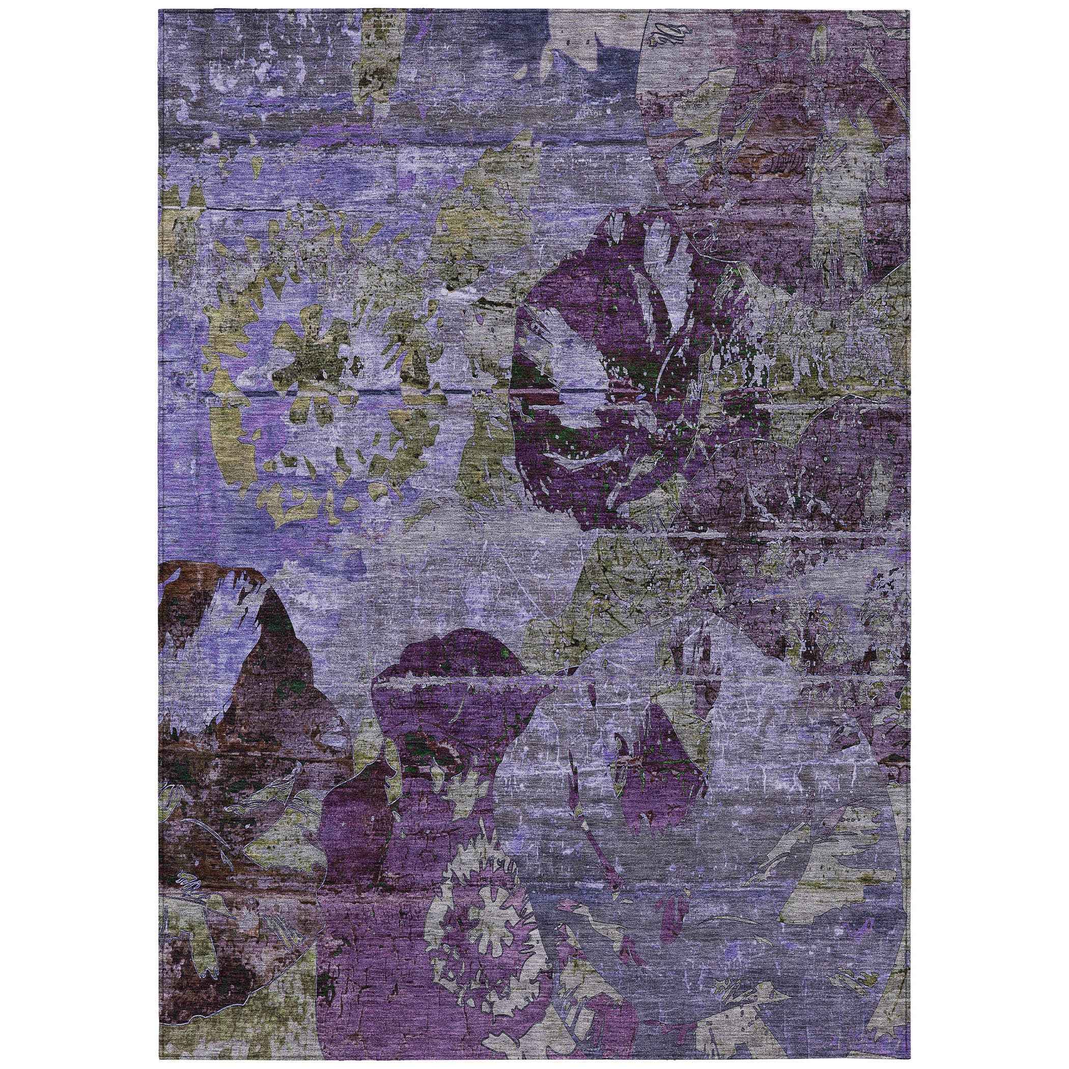 3' X 5' Purple and Green Floral Washable Non Skid Indoor Outdoor Area Rug