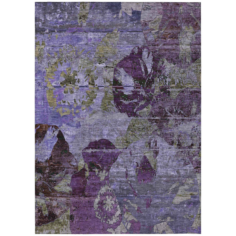 3' X 5' Purple and Green Floral Washable Non Skid Indoor Outdoor Area Rug
