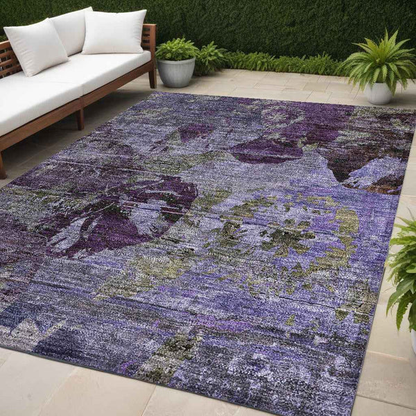 5' X 8' Purple and Green Floral Washable Non Skid Indoor Outdoor Area Rug