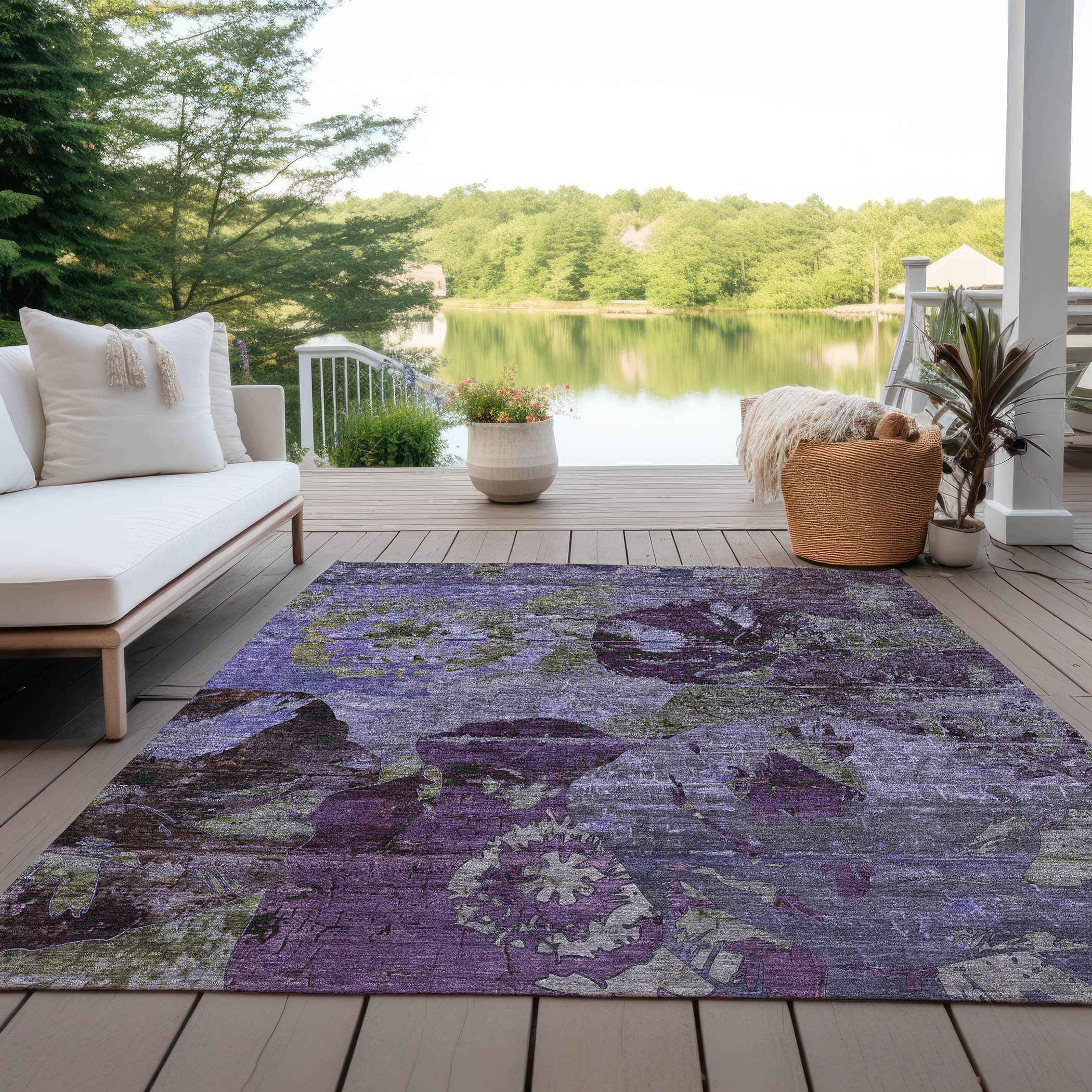5' X 8' Purple and Green Floral Washable Non Skid Indoor Outdoor Area Rug