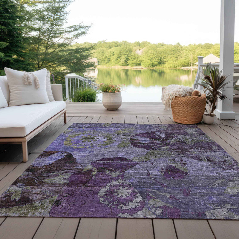 5' X 8' Purple and Green Floral Washable Non Skid Indoor Outdoor Area Rug