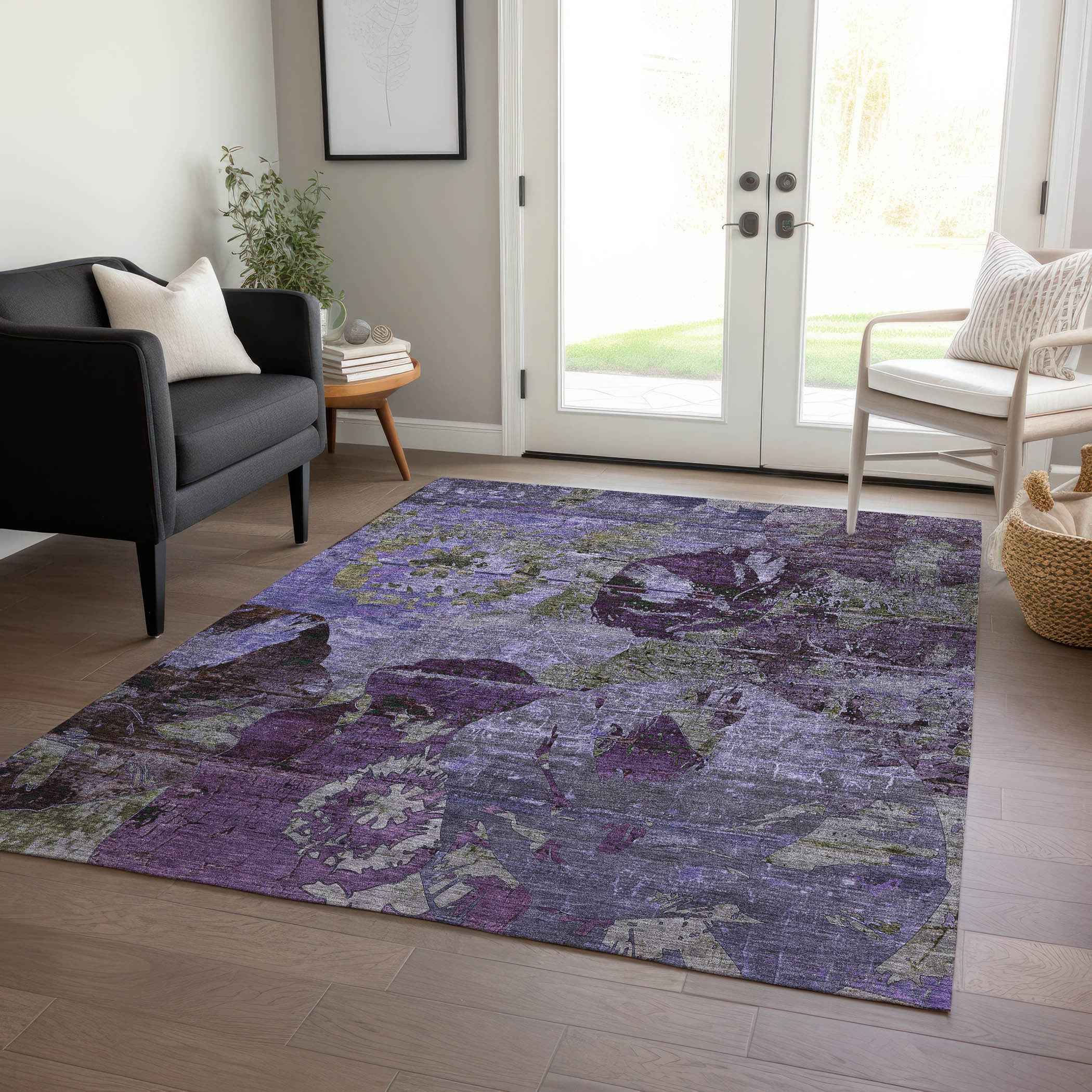 5' X 8' Purple and Green Floral Washable Non Skid Indoor Outdoor Area Rug