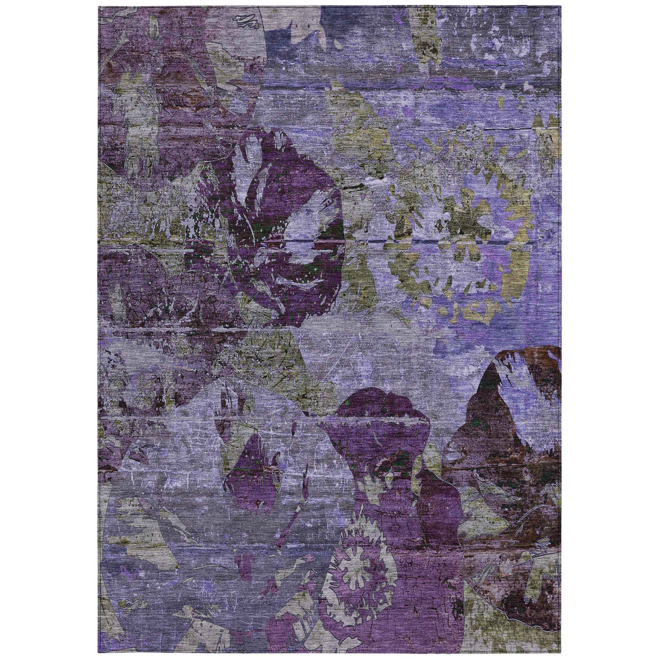 3' X 5' Purple and Green Floral Washable Non Skid Indoor Outdoor Area Rug