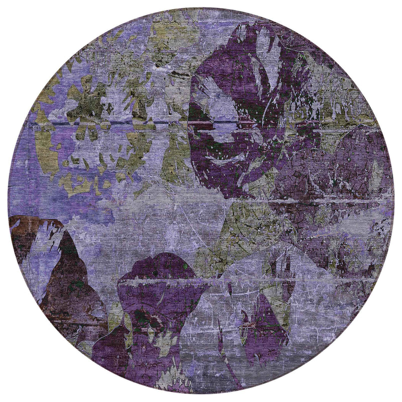 8' Round Purple and Green Round Floral Washable Non Skid Indoor Outdoor Area Rug