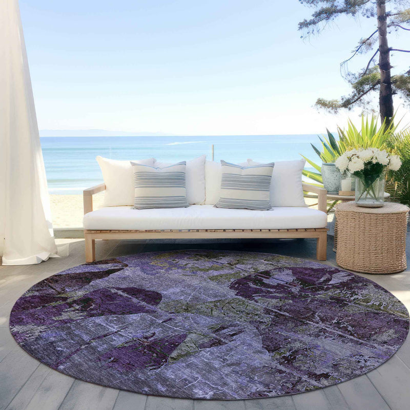 8' Round Purple and Green Round Floral Washable Non Skid Indoor Outdoor Area Rug