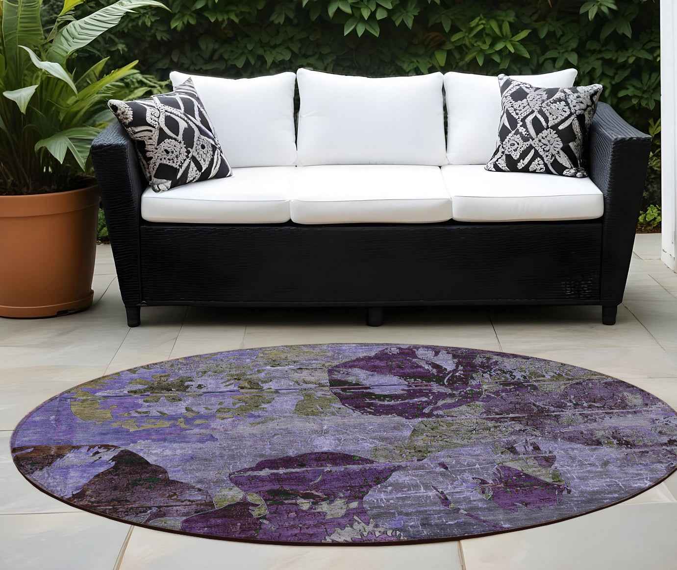 8' Round Purple and Green Round Floral Washable Non Skid Indoor Outdoor Area Rug