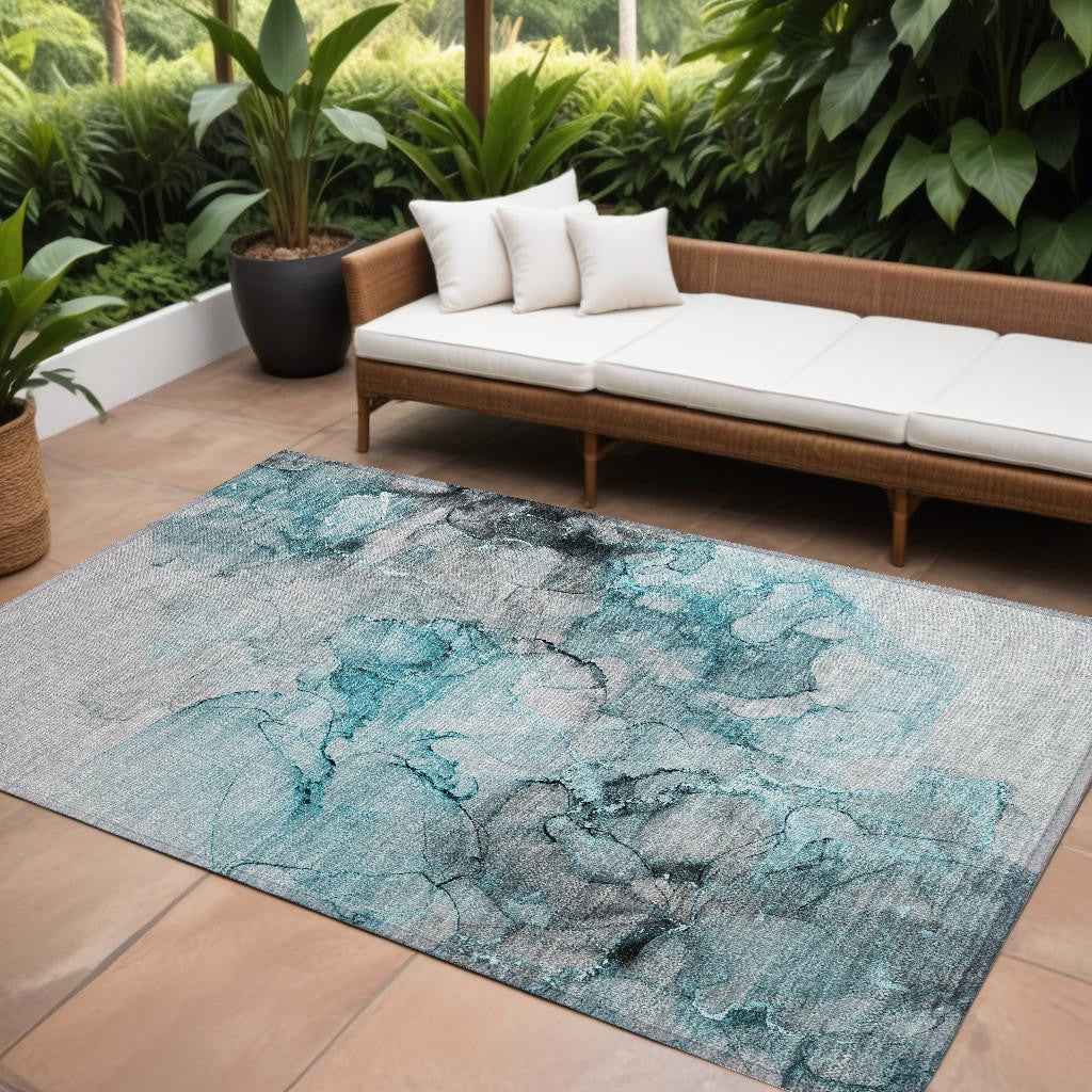 8' X 10' Teal Abstract Washable Non Skid Indoor Outdoor Area Rug
