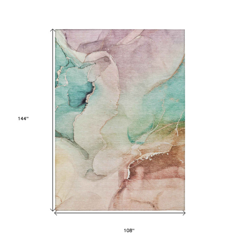 9' X 12' Teal Abstract Washable Non Skid Indoor Outdoor Area Rug