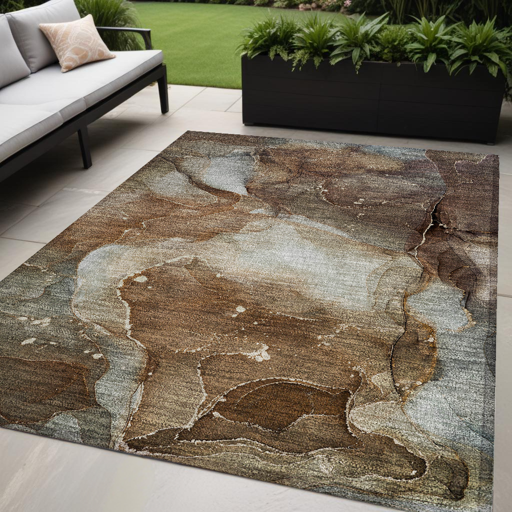 5' X 8' Brown Abstract Washable Non Skid Indoor Outdoor Area Rug