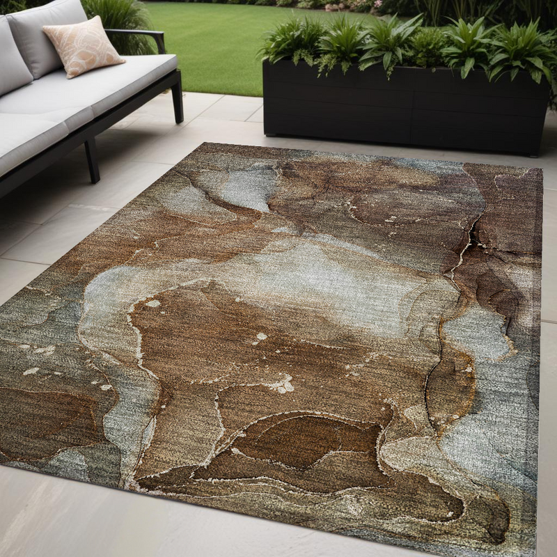 5' X 8' Brown Abstract Washable Non Skid Indoor Outdoor Area Rug