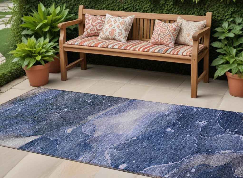 8' Runner Blue Abstract Washable Non Skid Indoor Outdoor Runner Rug