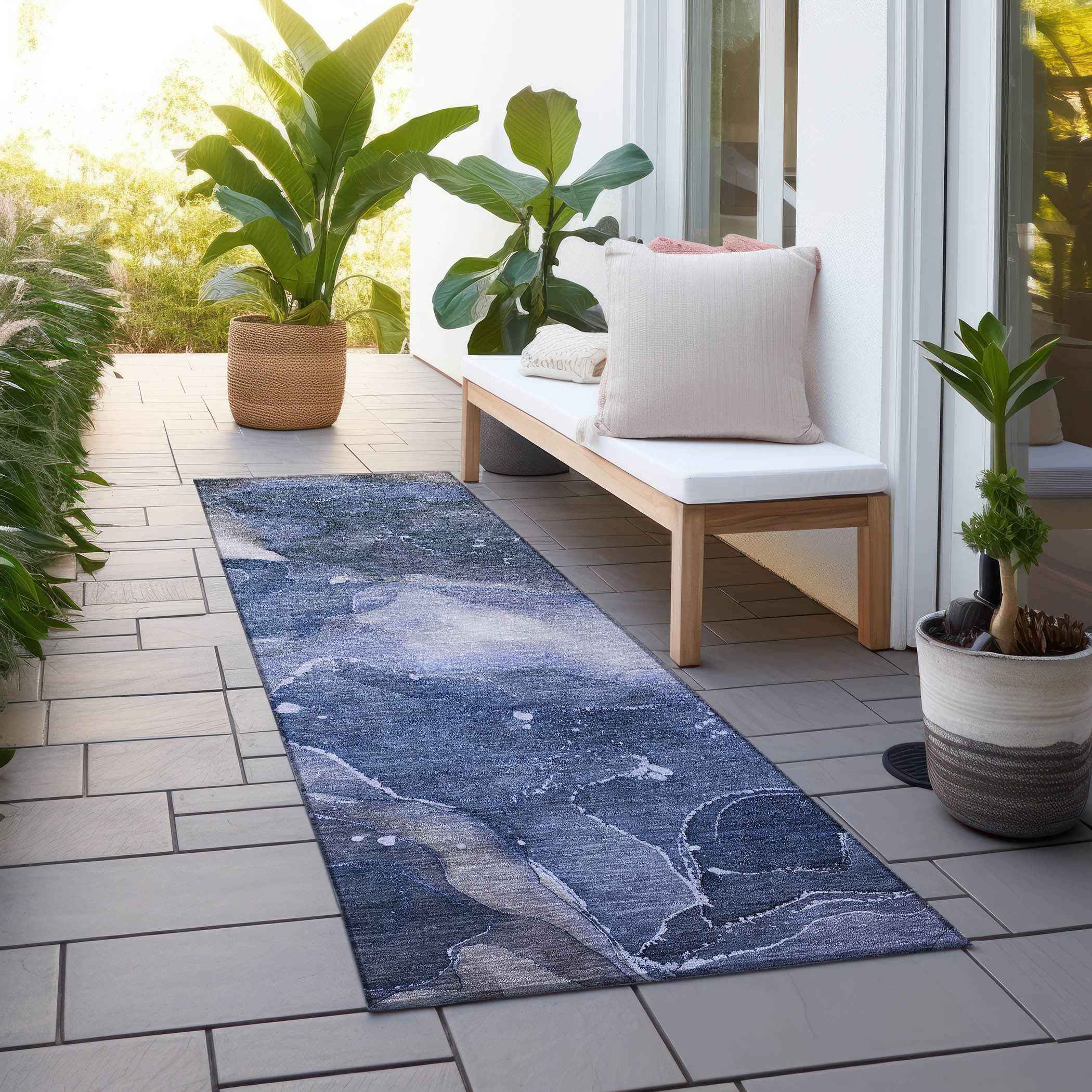 8' Runner Blue Abstract Washable Non Skid Indoor Outdoor Runner Rug