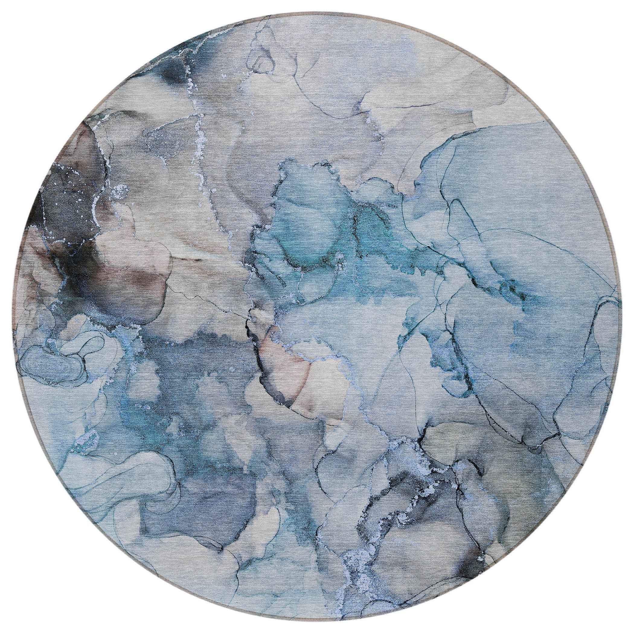 8' Round Blue and Gray Round Abstract Washable Non Skid Indoor Outdoor Area Rug