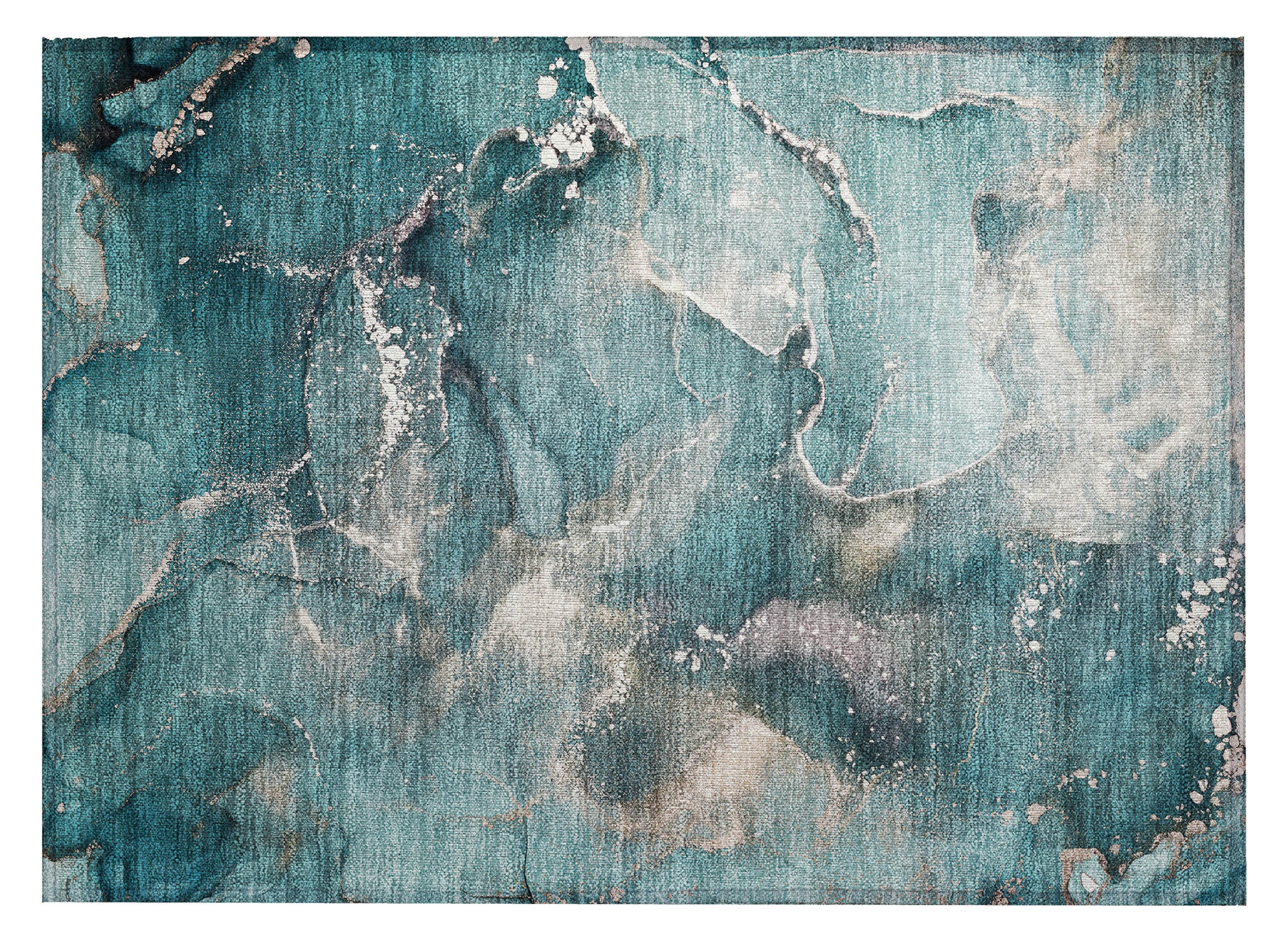 Teal abstract area rug close-up with distressed beige patches and white speckles