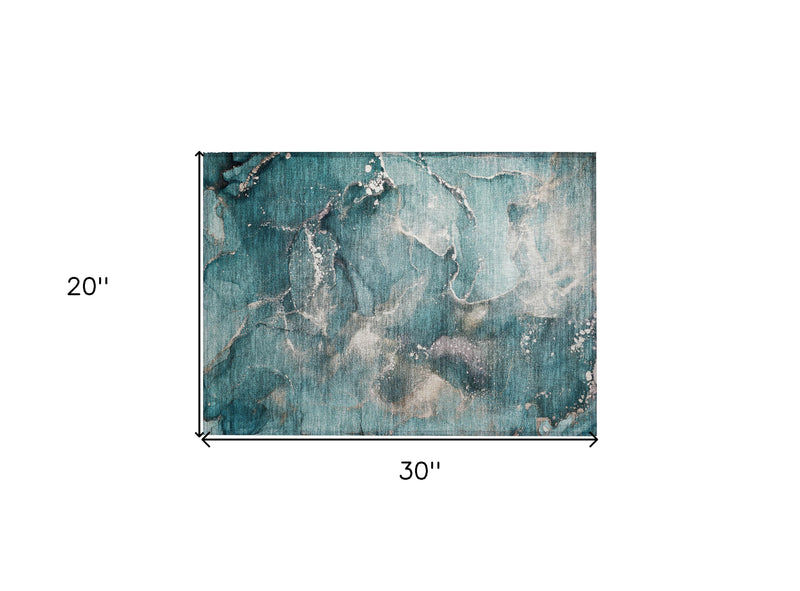 Teal abstract area rug, 30 x 20 in, rectangular with distressed beige pattern