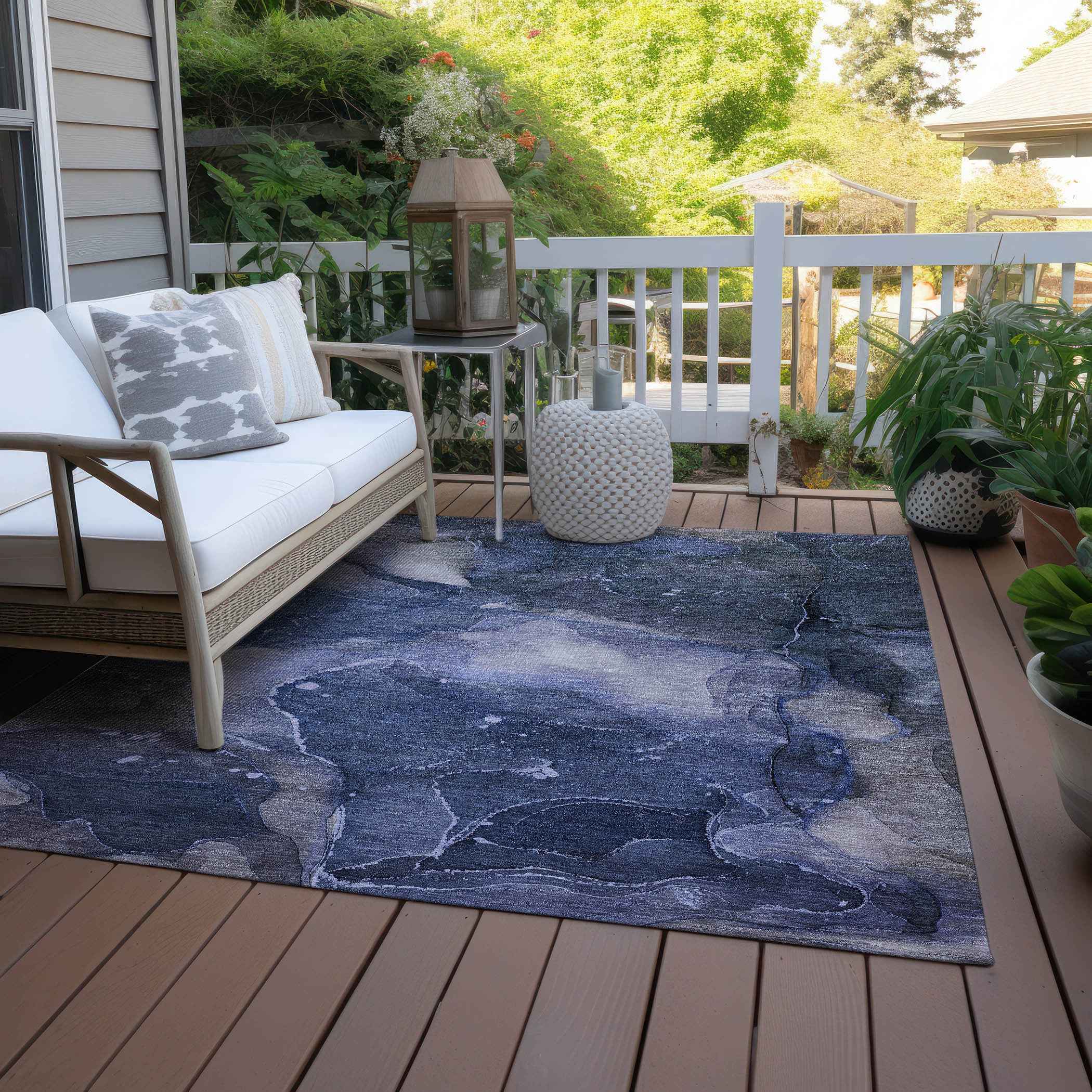 9' X 12' Blue Abstract Washable Non Skid Indoor Outdoor Area Rug