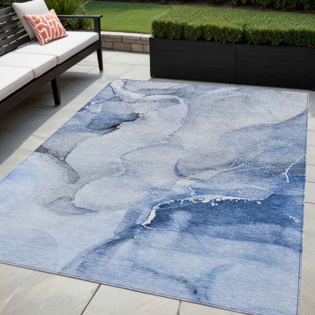 5' X 8' Blue and Gray Abstract Washable Non Skid Indoor Outdoor Area Rug