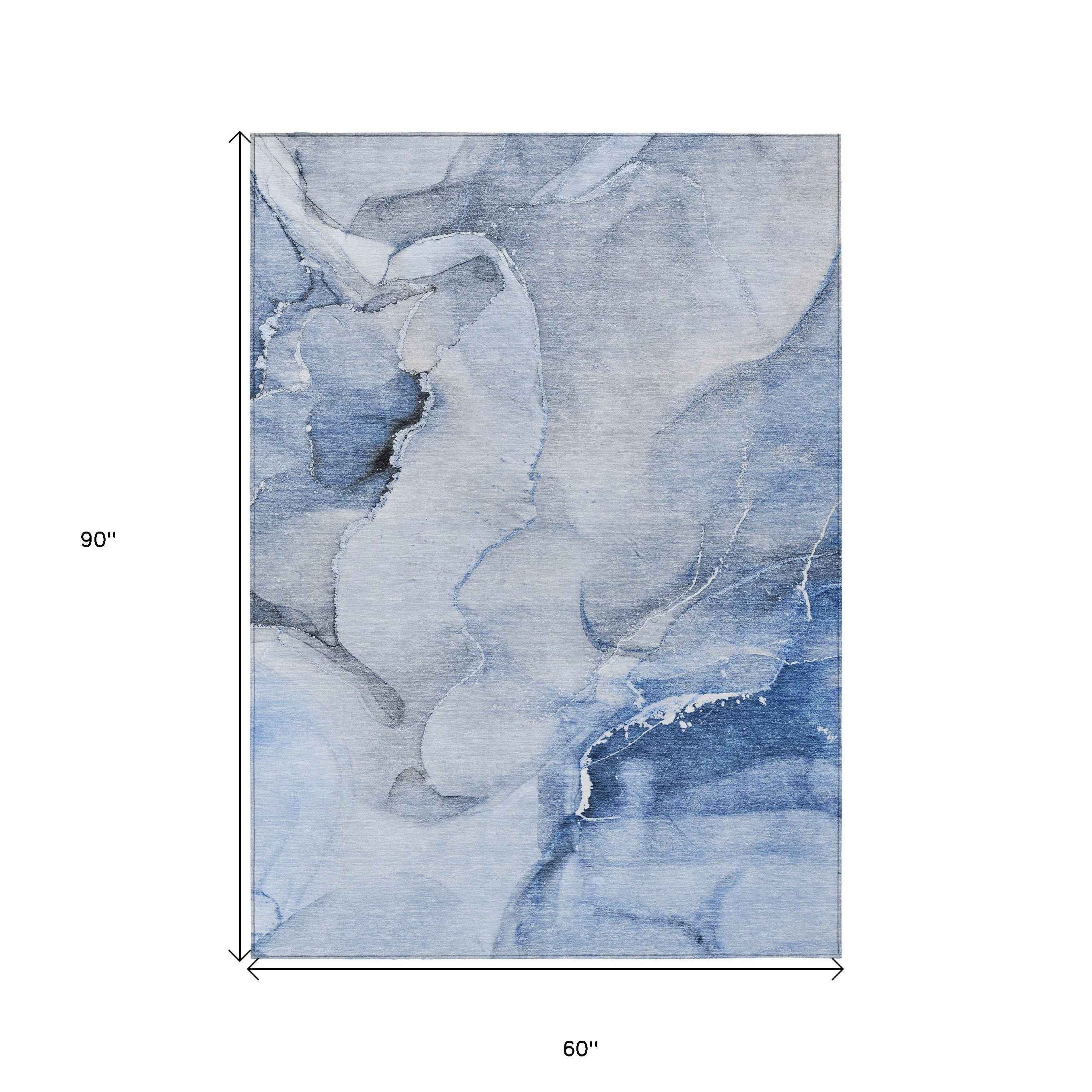 5' X 8' Blue and Gray Abstract Washable Non Skid Indoor Outdoor Area Rug