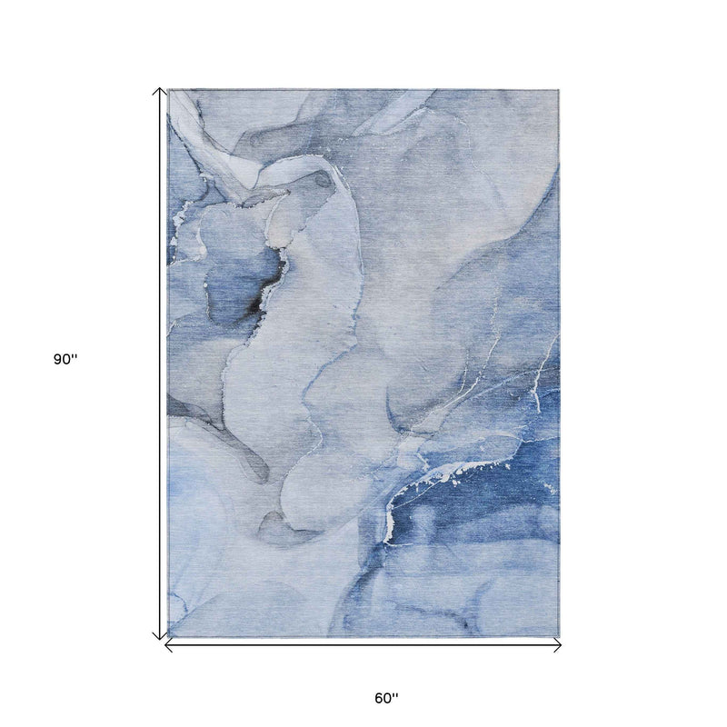 5' X 8' Blue and Gray Abstract Washable Non Skid Indoor Outdoor Area Rug