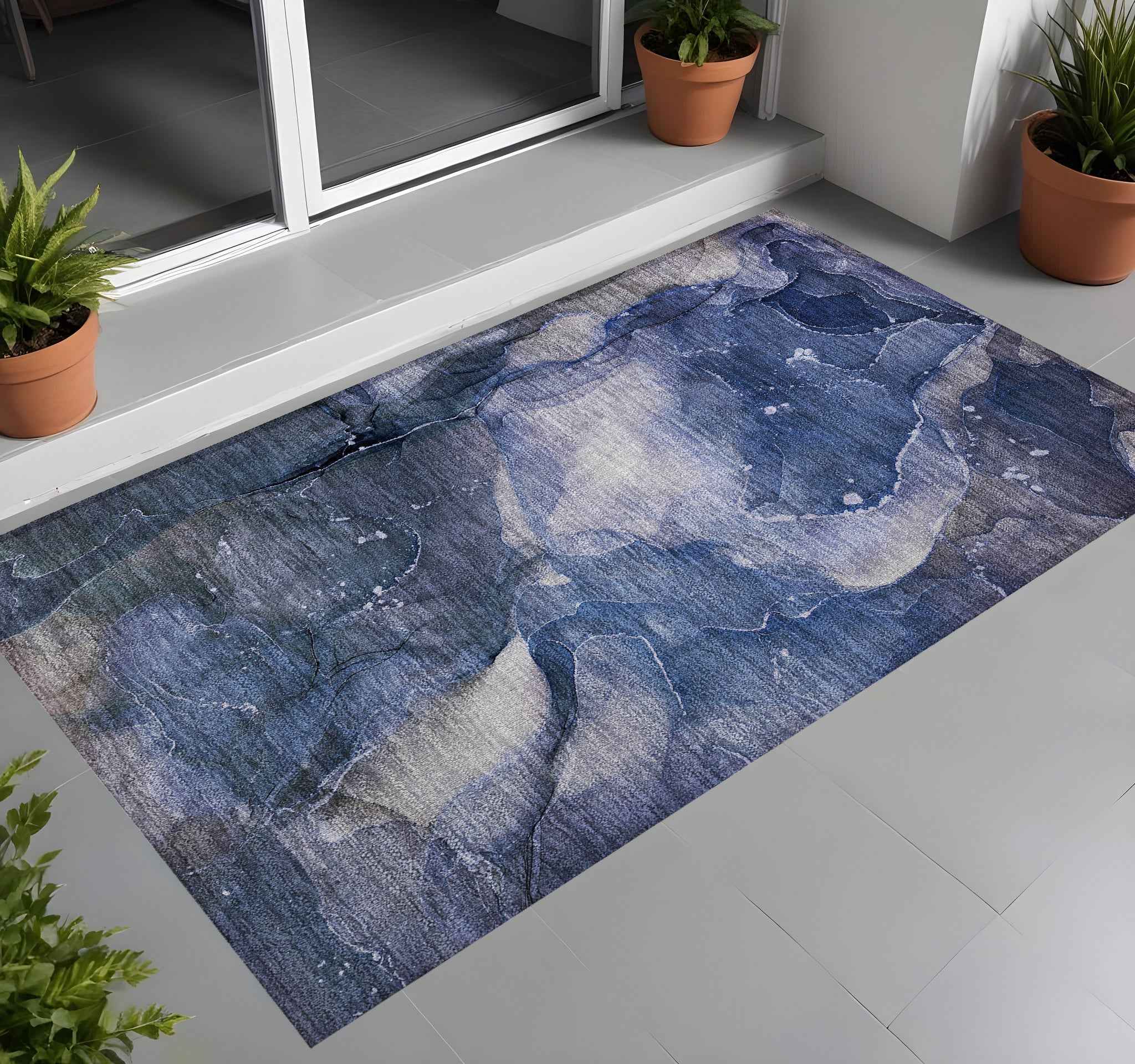 2' X 3' Blue Abstract Washable Non Skid Indoor Outdoor Area Rug